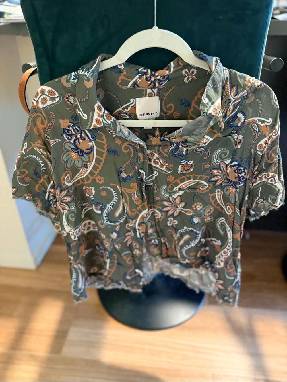 Industry Olive Paisley Short Sleeve Button-Up Blouse
